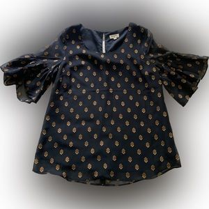 World Market Navy and Gold Short Sleeve Lined Blouse-Size S/M